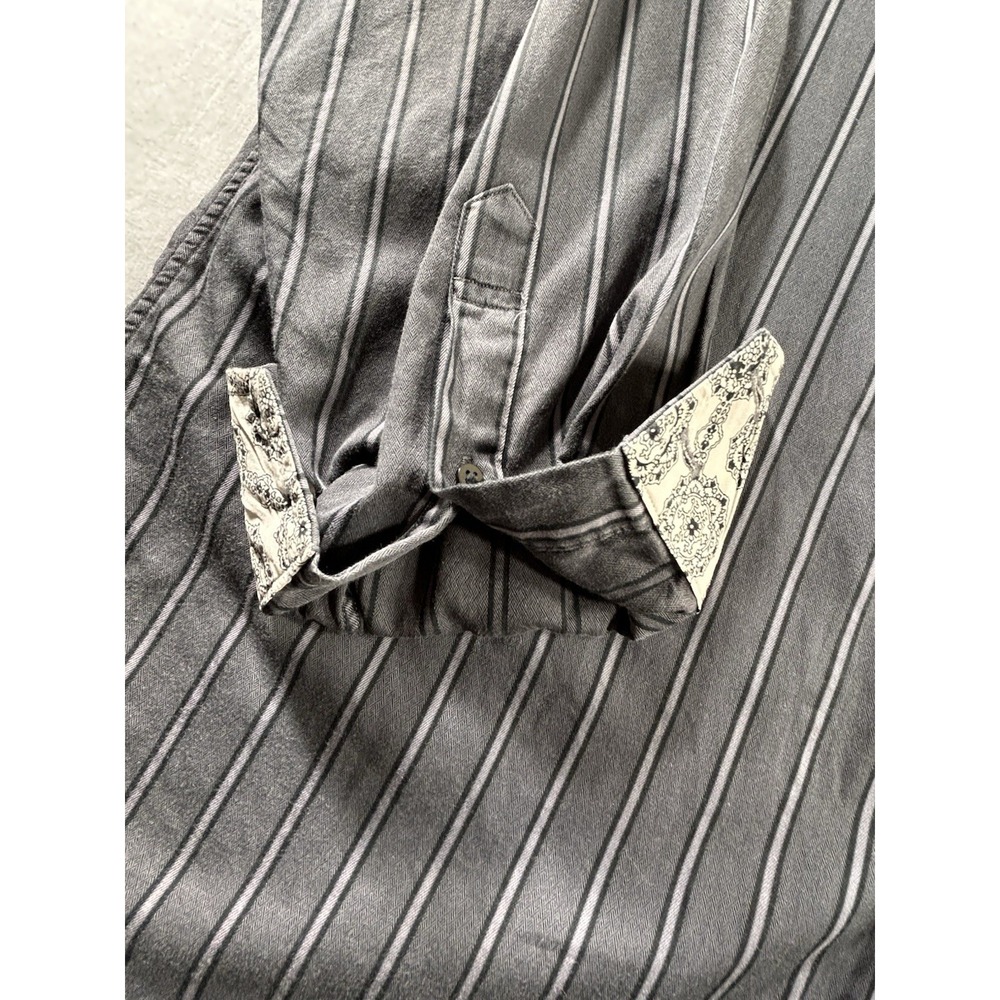 Thomas Dean Button Front Gray Striped Shirt Men's 16 1/2‎ R Broken Button Sleeve - Picture 4 of 10